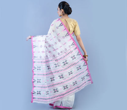 Handloom Saree - Pink & Black Work On White - ArtisanSoul