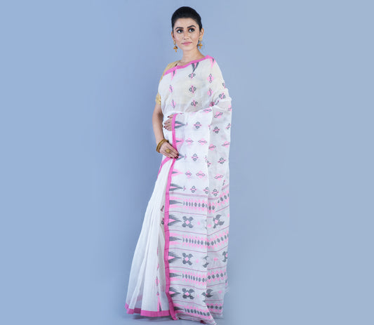 Handloom Saree - Pink & Black Work On White - ArtisanSoul
