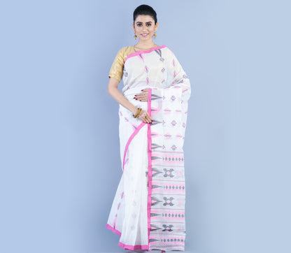 Handloom Saree - Pink & Black Work On White - ArtisanSoul