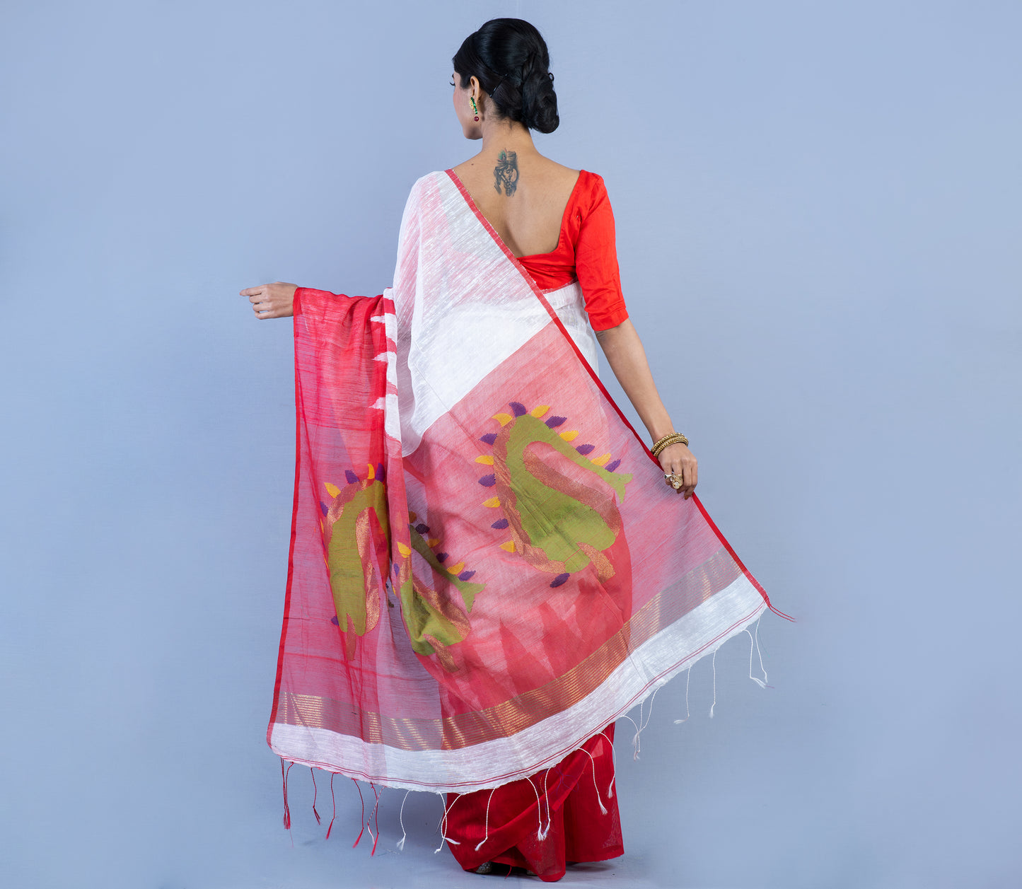 Handloom Gheecha Saree - White & Red - ArtisanSoul