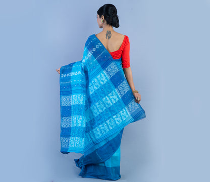 Handloom Jamdani Saree - Sky Blue & Blue - ArtisanSoul