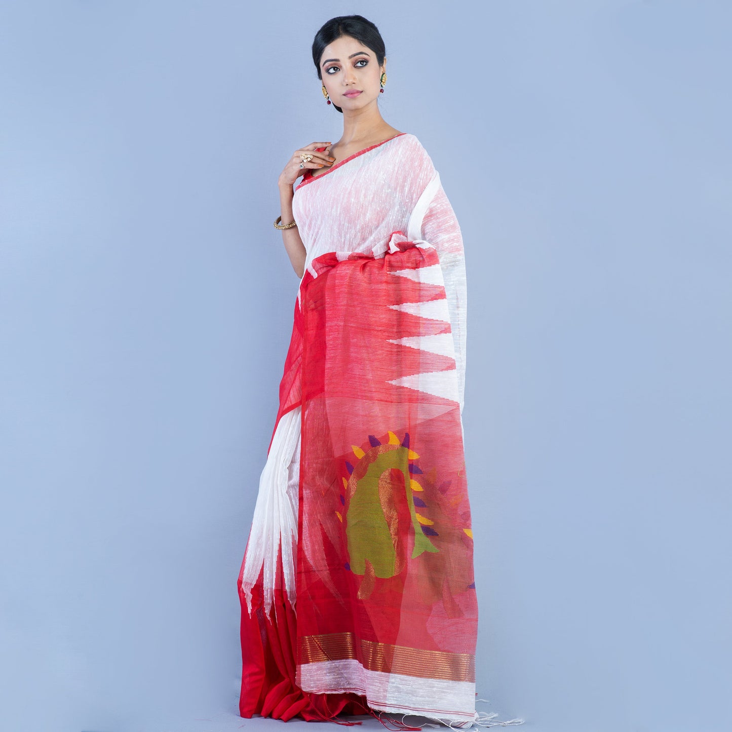 Handloom Gheecha Saree - White & Red - ArtisanSoul