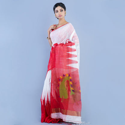 Handloom Gheecha Saree - White & Red - ArtisanSoul