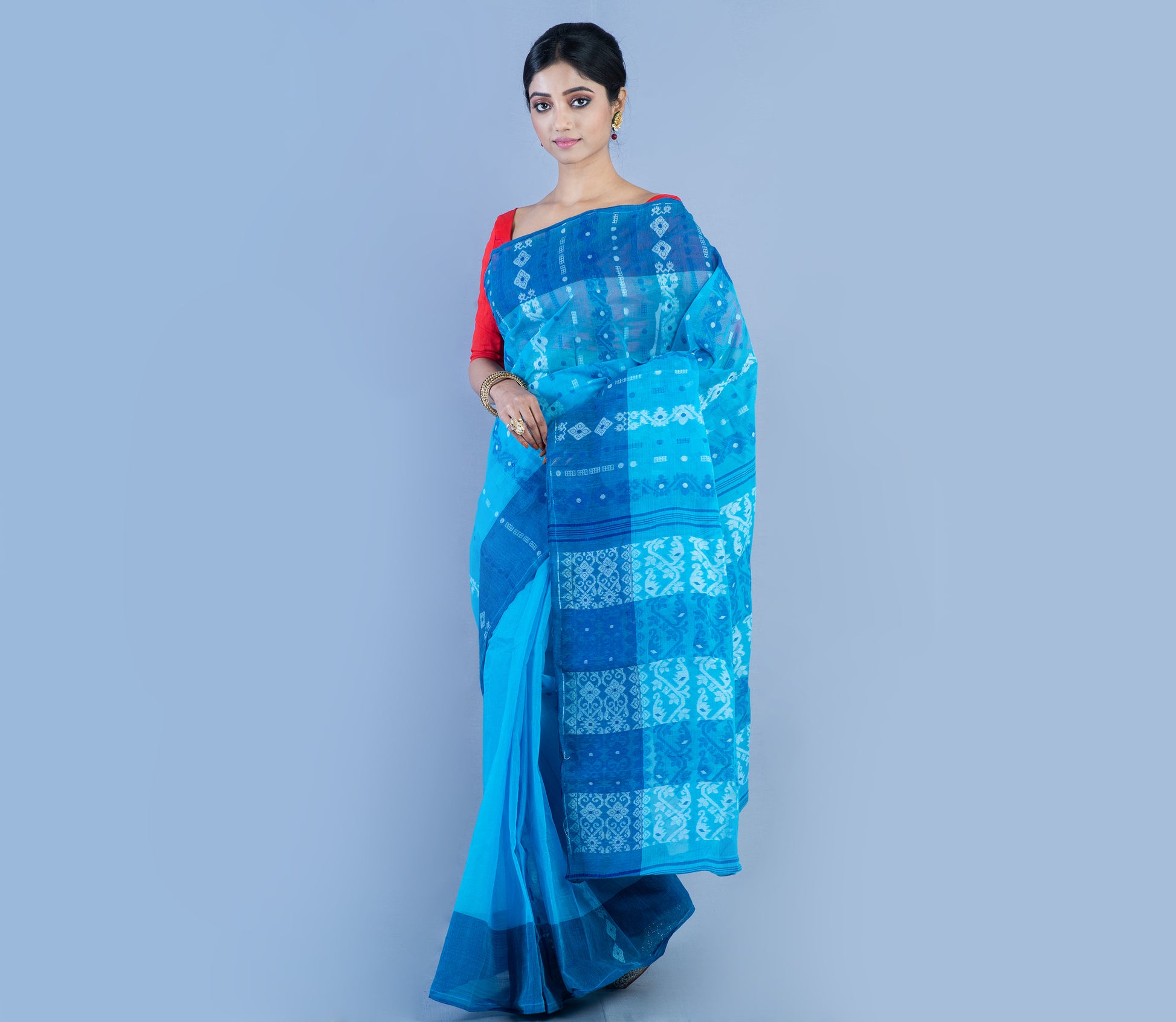 Handloom Jamdani Saree - Sky Blue & Blue - ArtisanSoul