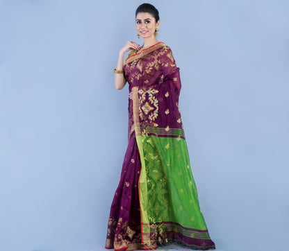 HANDLOOM SAREE WITH WORK ALL OVER THE SAREE - VIOLET AND GREEN - ArtisanSoul