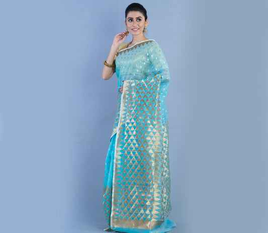 Handloom Muslin Silk Saree With All over Zari Work - Sky Blue - ArtisanSoul