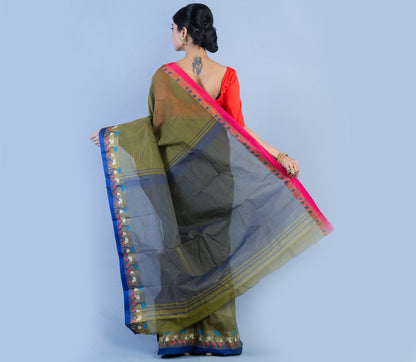Handloom Tant Olive Green Saree With Blue Lotus Design On Par - ArtisanSoul