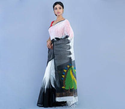Handloom Gheecha Saree - White & Black - ArtisanSoul