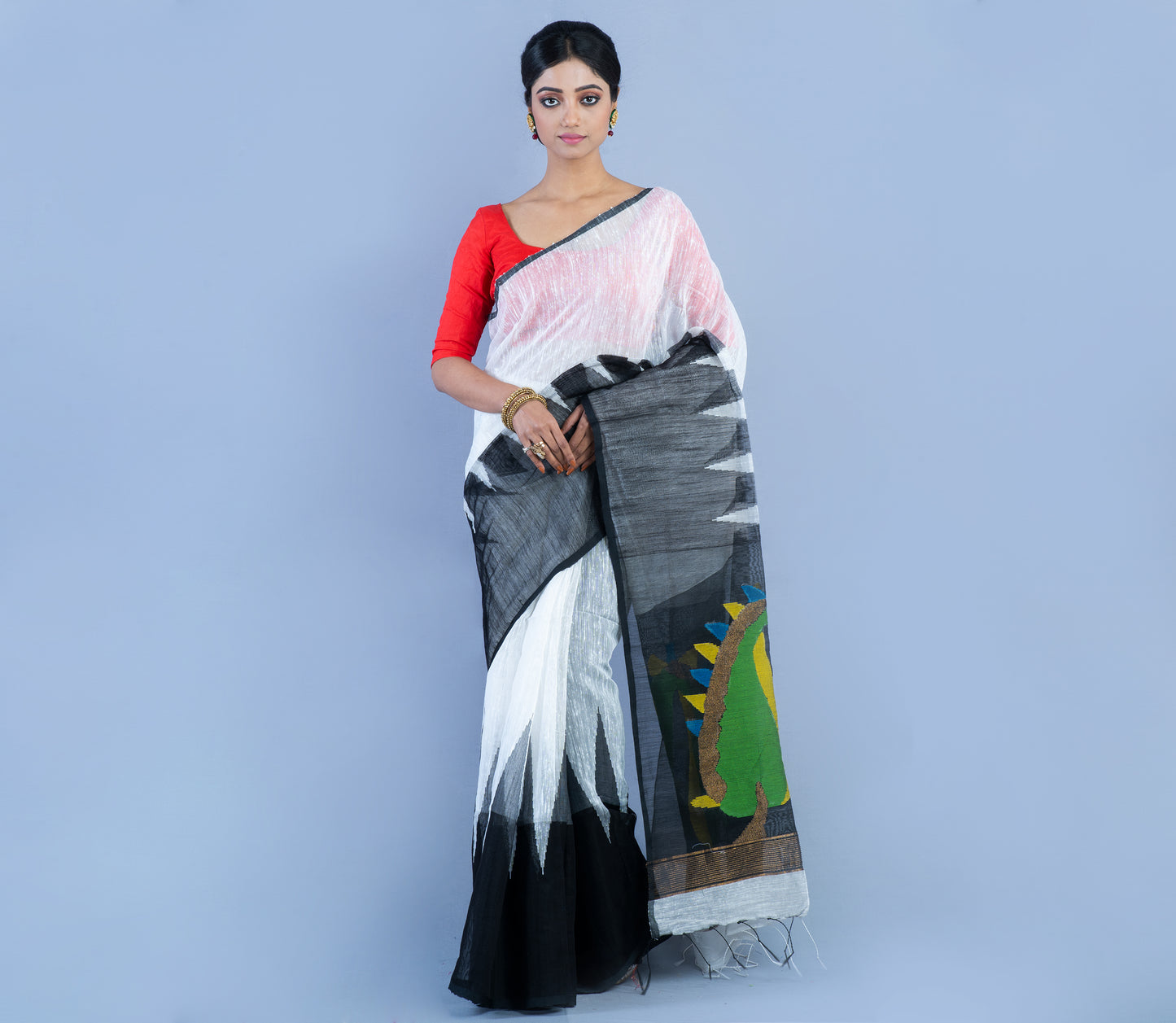 Handloom Gheecha Saree - White & Black - ArtisanSoul