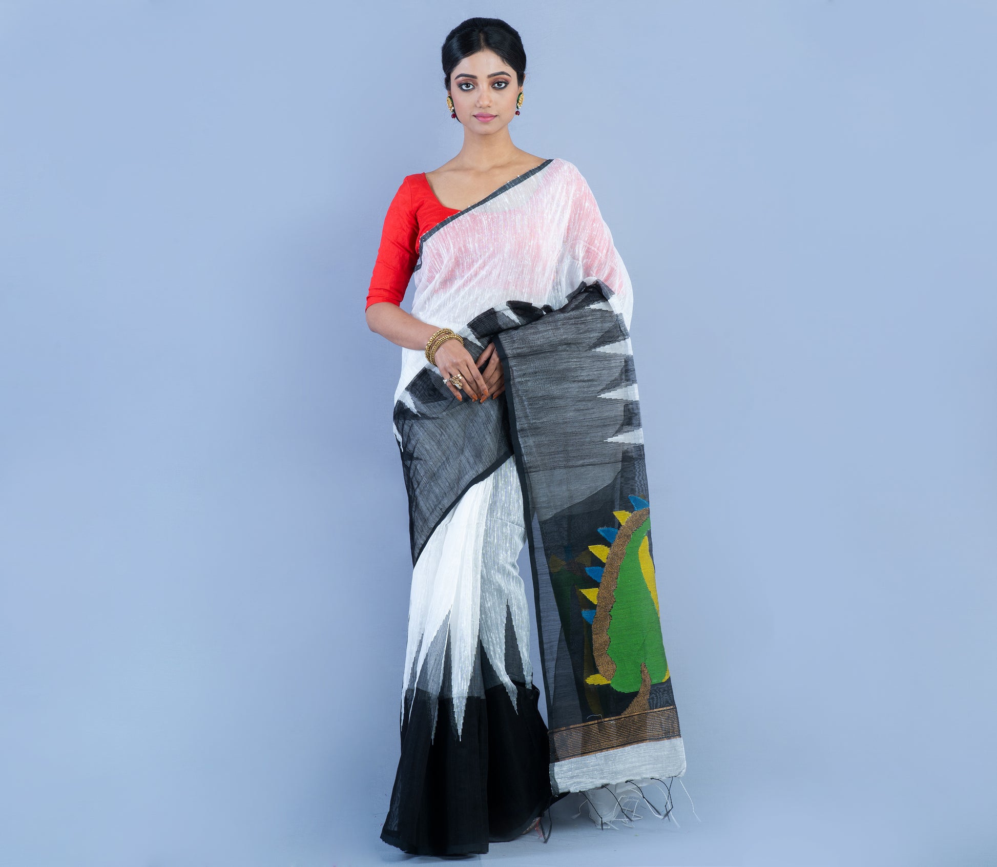 Handloom Gheecha Saree - White & Black - ArtisanSoul