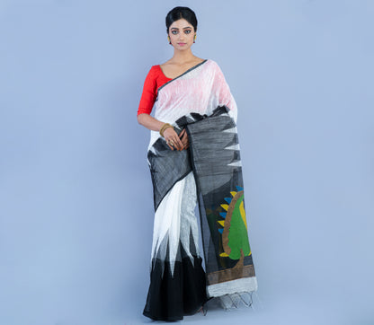Handloom Gheecha Saree - White & Black - ArtisanSoul