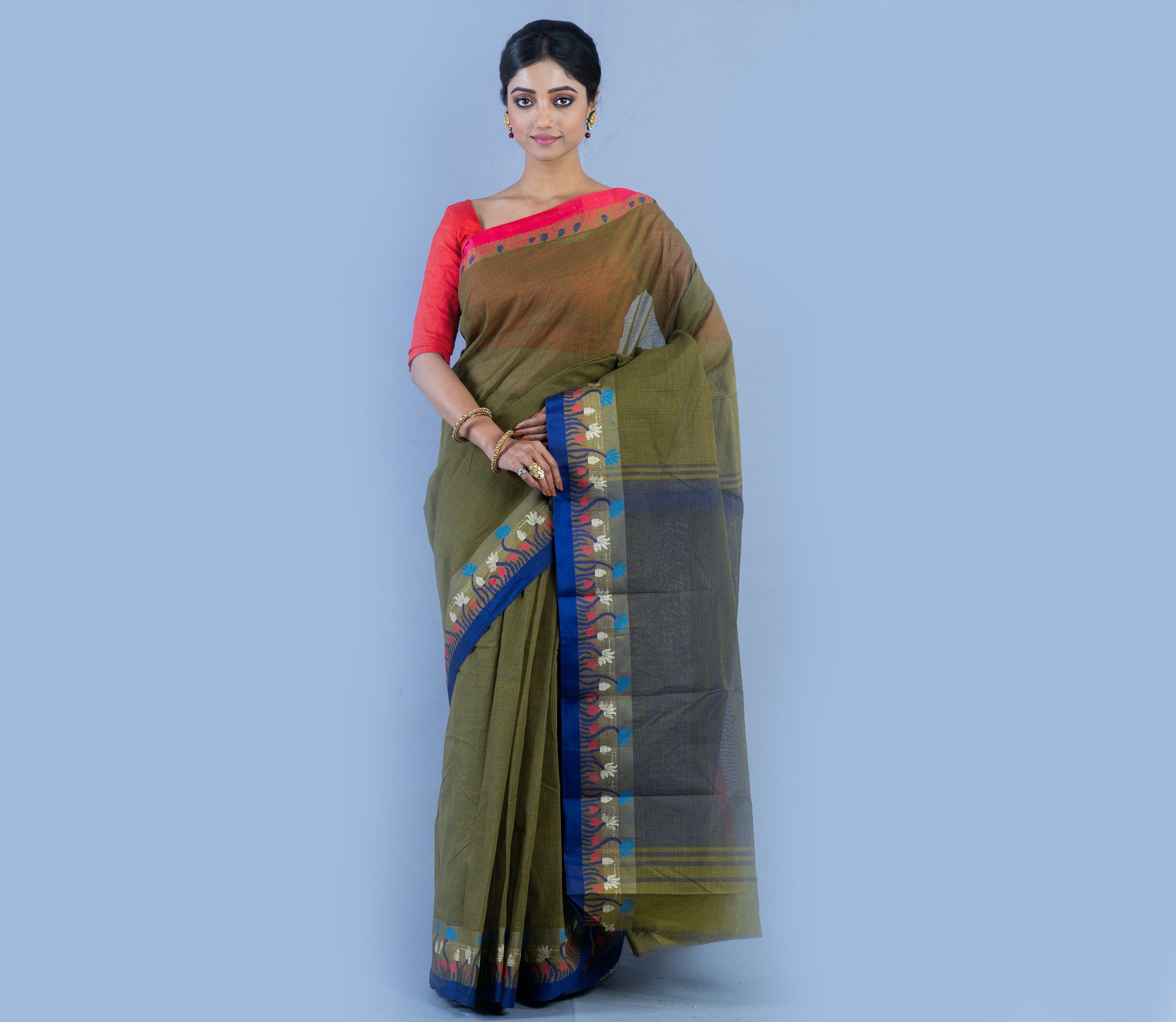 Handloom Tant Olive Green Saree With Blue Lotus Design On Par - ArtisanSoul