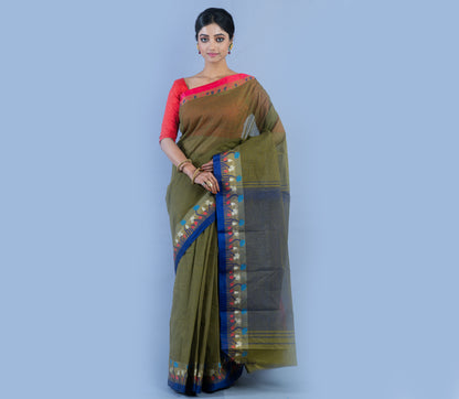 Handloom Tant Olive Green Saree With Blue Lotus Design On Par - ArtisanSoul