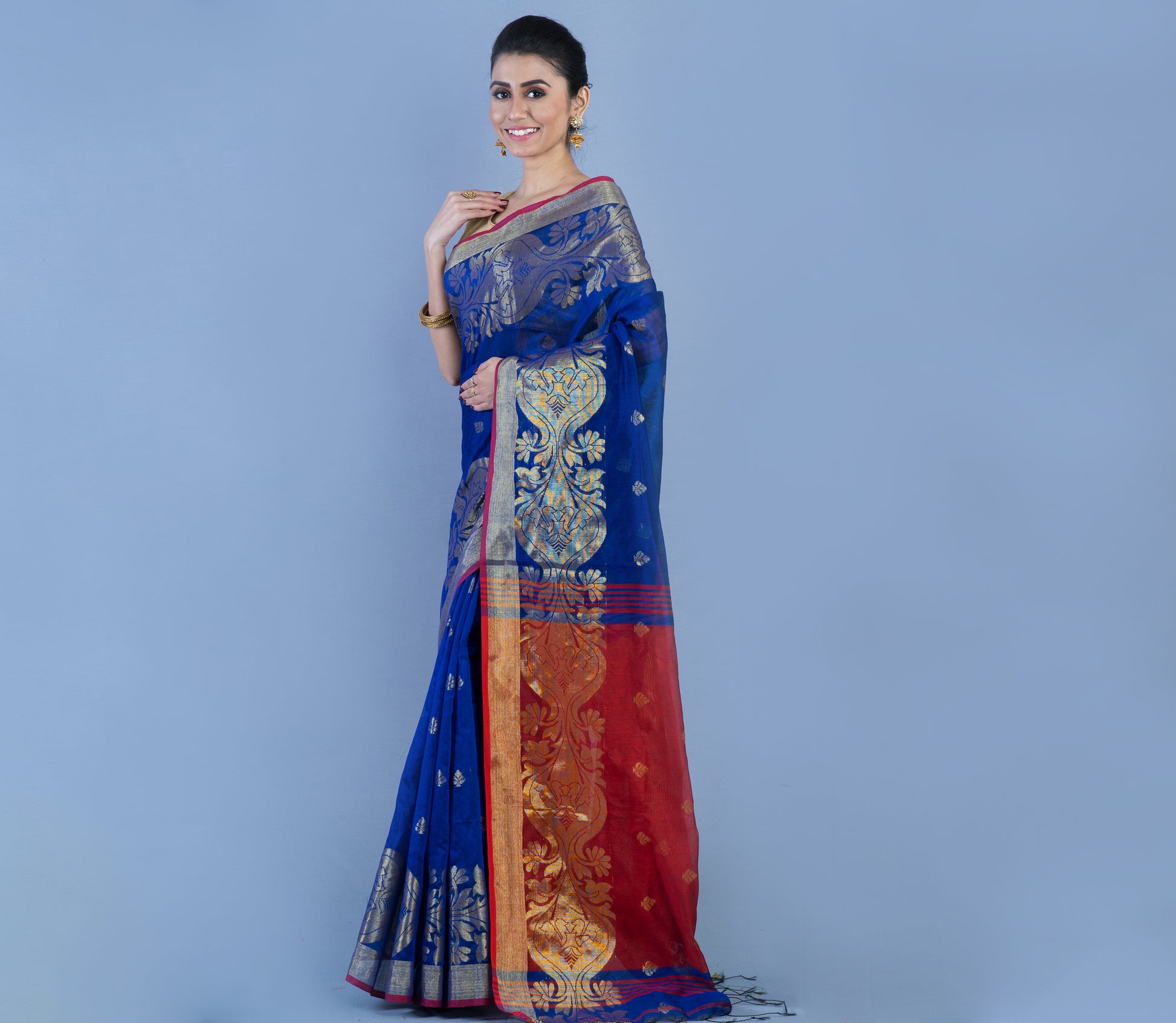 HANDLOOM SAREE WITH WORK ALL OVER THE SAREE - BLUE AND MAROON - ArtisanSoul