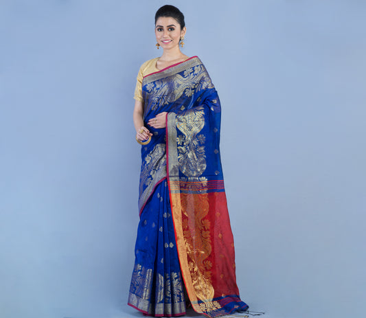 HANDLOOM SAREE WITH WORK ALL OVER THE SAREE - BLUE AND MAROON - ArtisanSoul