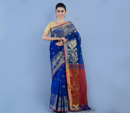 HANDLOOM SAREE WITH WORK ALL OVER THE SAREE - BLUE AND MAROON - ArtisanSoul