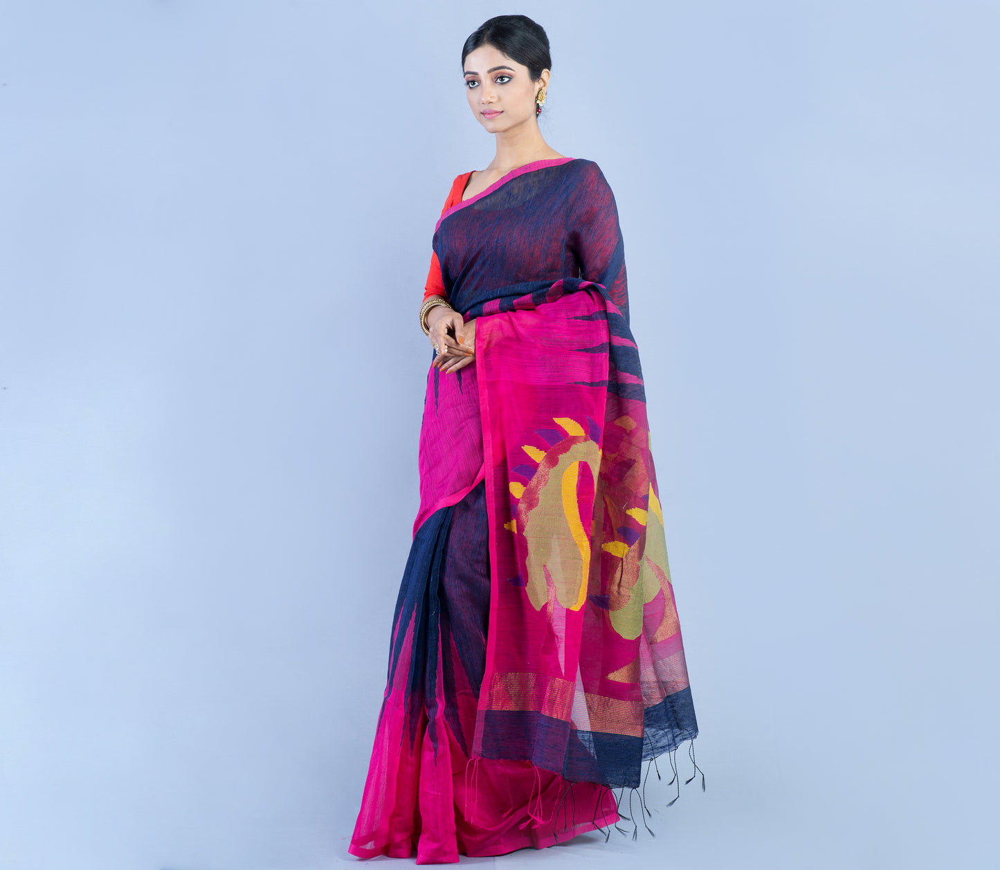 Handloom Gheecha Saree - Blue & Purple - ArtisanSoul