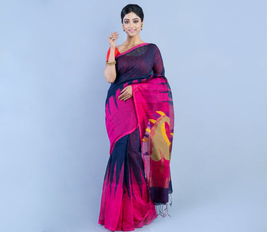 Handloom Gheecha Saree - Blue & Purple - ArtisanSoul