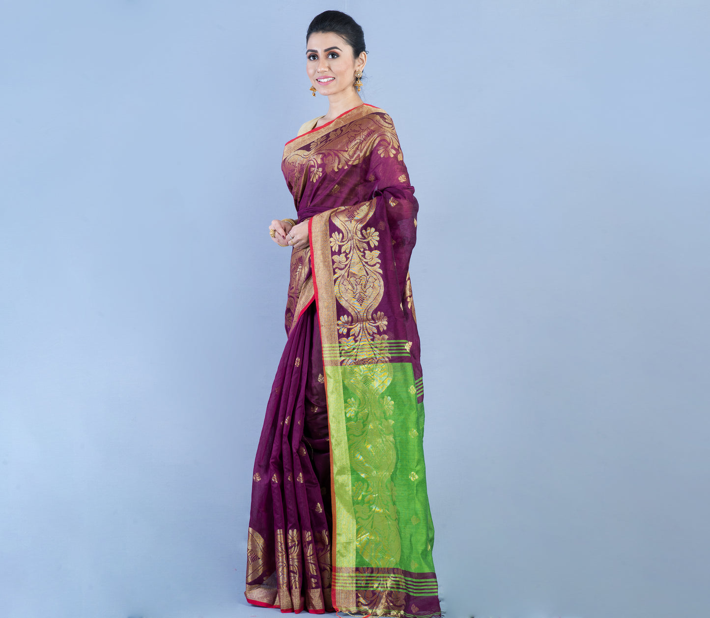 Handloom Saree with all over Zari work - Violet & Green - ArtisanSoul