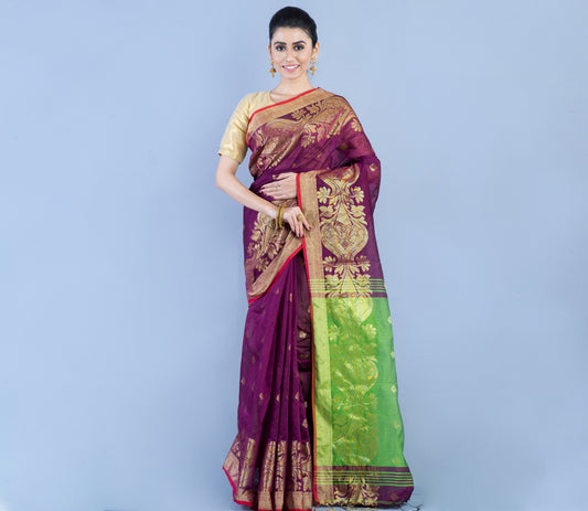 Handloom Saree with all over Zari work - Violet & Green - ArtisanSoul
