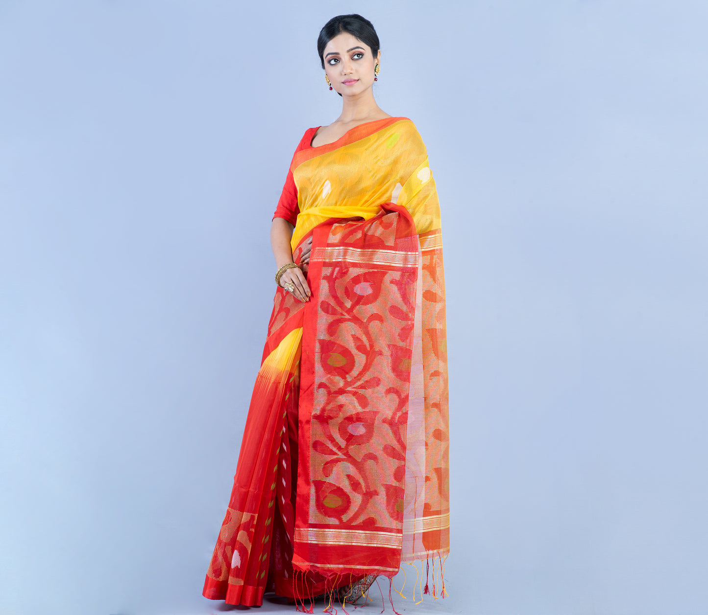 Tant Saree With Zari Work - Yellow and Red - ArtisanSoul