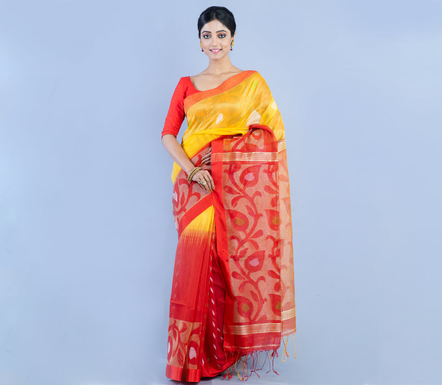 Tant Saree With Zari Work - Yellow and Red - ArtisanSoul