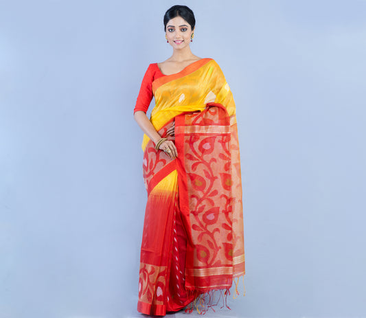 Tant Saree With Zari Work - Yellow and Red - ArtisanSoul