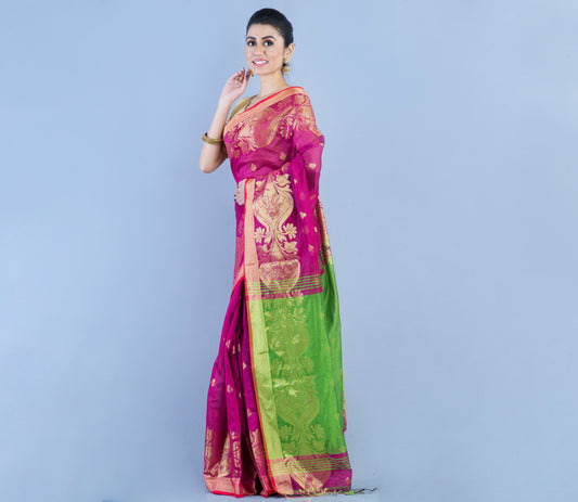Handloom Saree With all over Zari Work - Purple & Green - ArtisanSoul