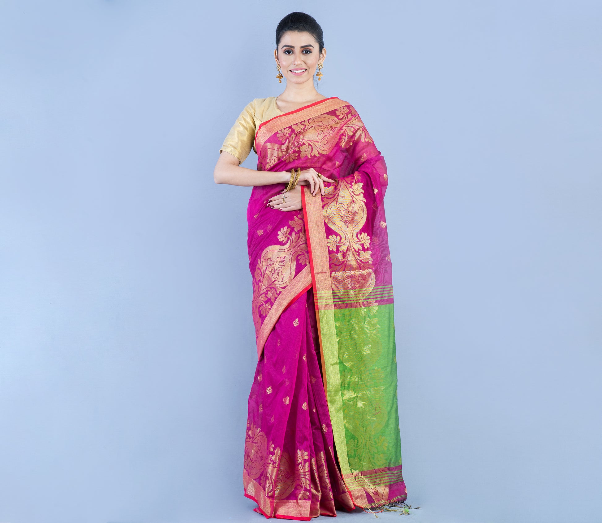Handloom Saree With all over Zari Work - Purple & Green - ArtisanSoul