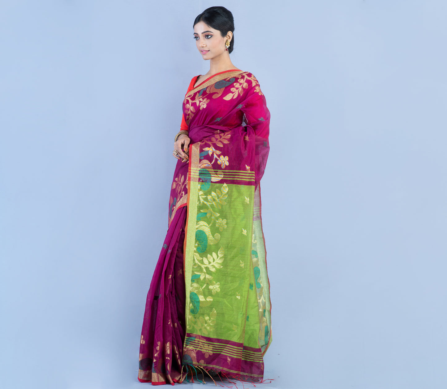 Handloom Saree with all over Zari work on the Saree - Purple and Green - ArtisanSoul