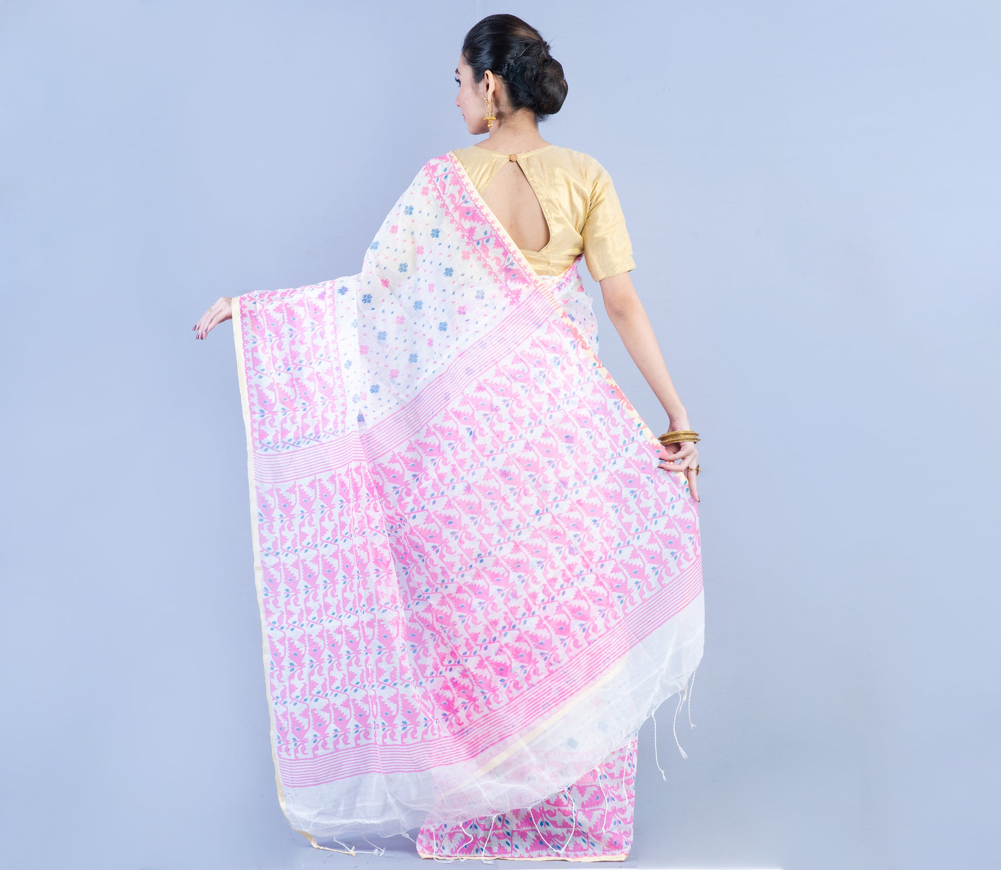 Jamdani Print Handloom Saree - White & Multi Color - ArtisanSoul