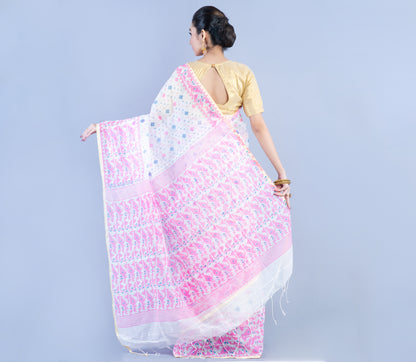 Jamdani Print Handloom Saree - White & Multi Color - ArtisanSoul