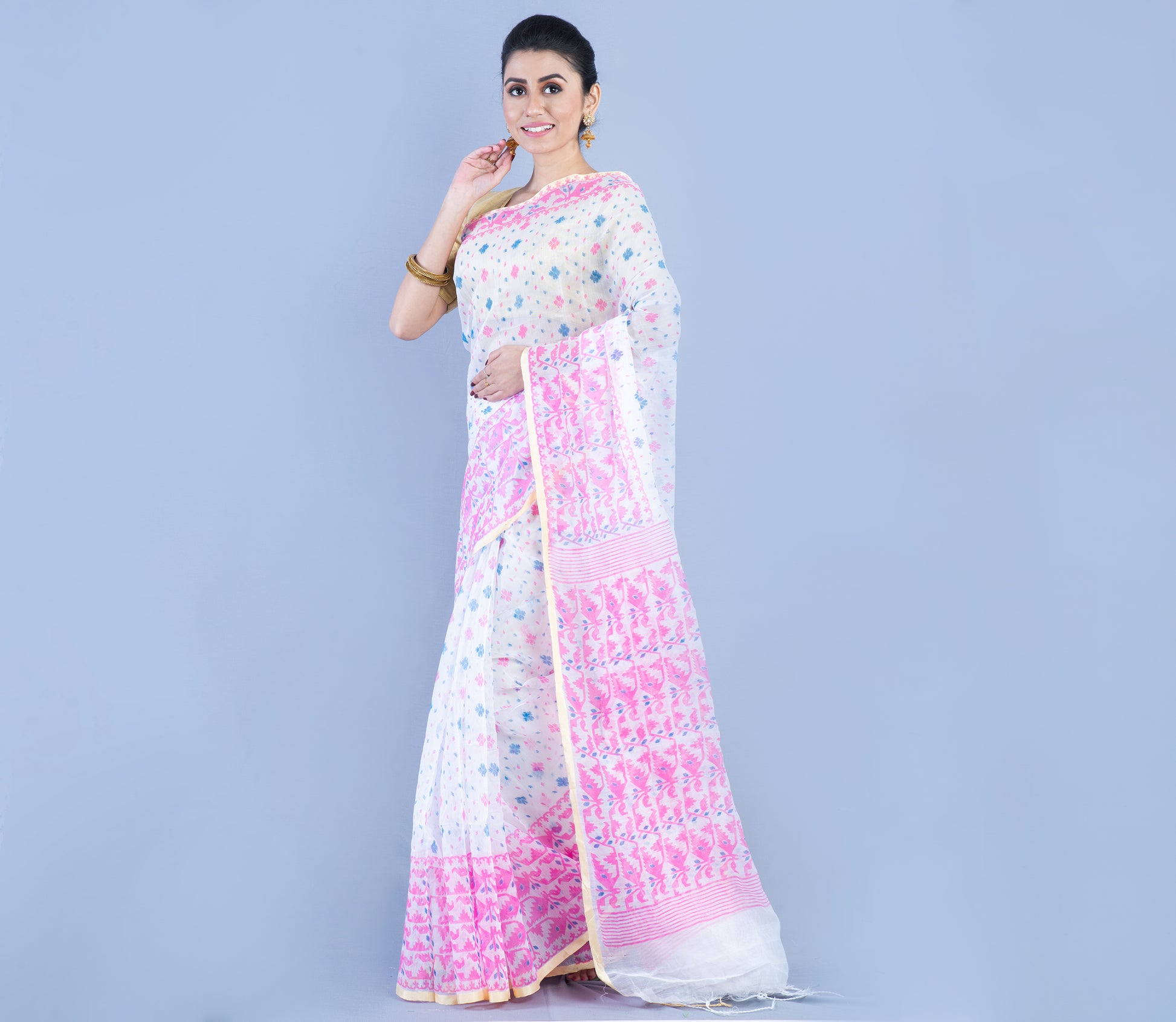 Jamdani Print Handloom Saree - White & Multi Color - ArtisanSoul