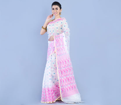 Jamdani Print Handloom Saree - White & Multi Color - ArtisanSoul