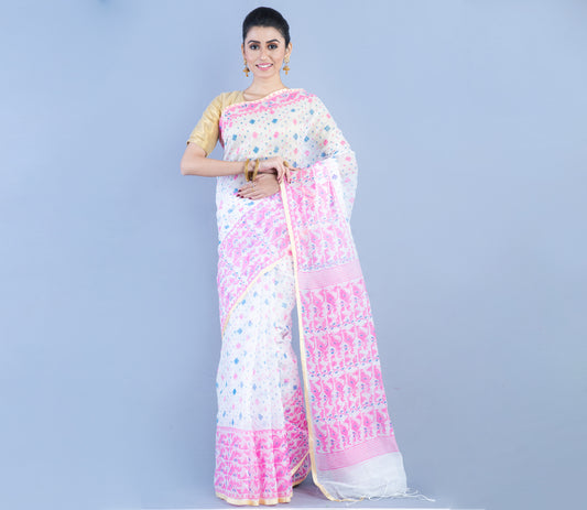Jamdani Print Handloom Saree - White & Multi Color - ArtisanSoul