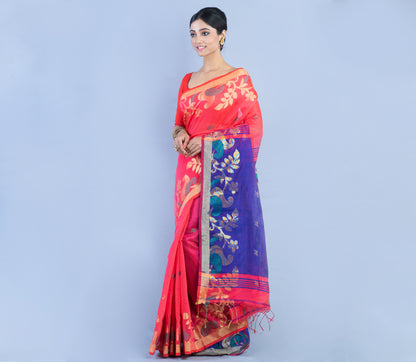 Handloom Saree with all over Zari work on the Saree - Red and Blue - ArtisanSoul