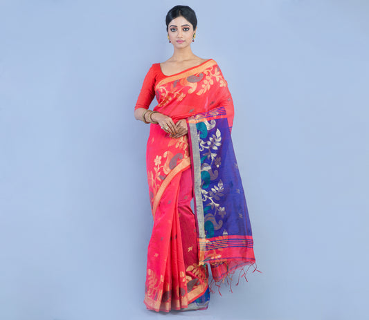 Handloom Saree with all over Zari work on the Saree - Red and Blue - ArtisanSoul