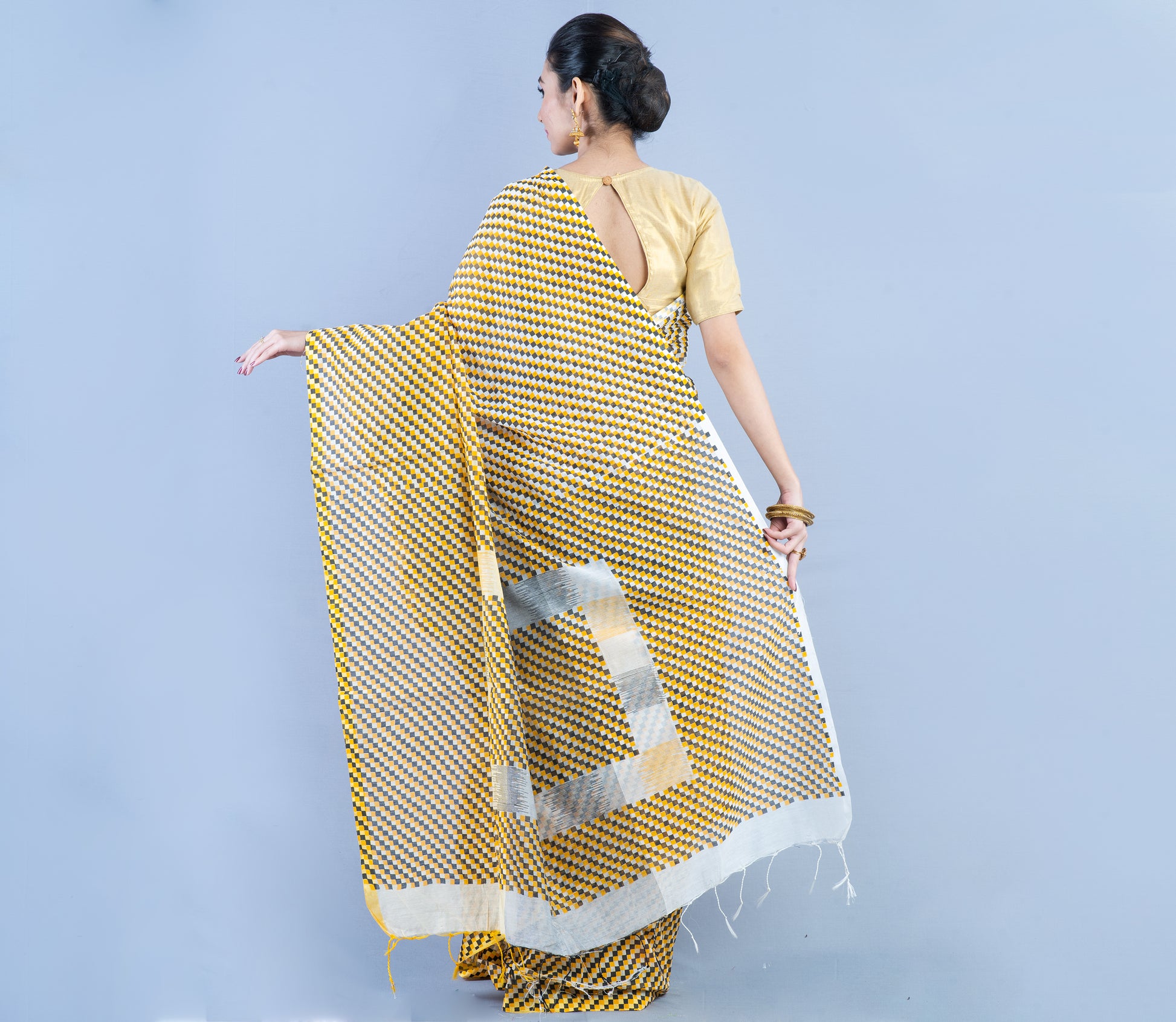 Handloom Cotton Printed Saree - Yellow & Gray - ArtisanSoul