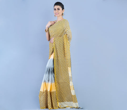 Handloom Cotton Printed Saree - Yellow & Gray - ArtisanSoul