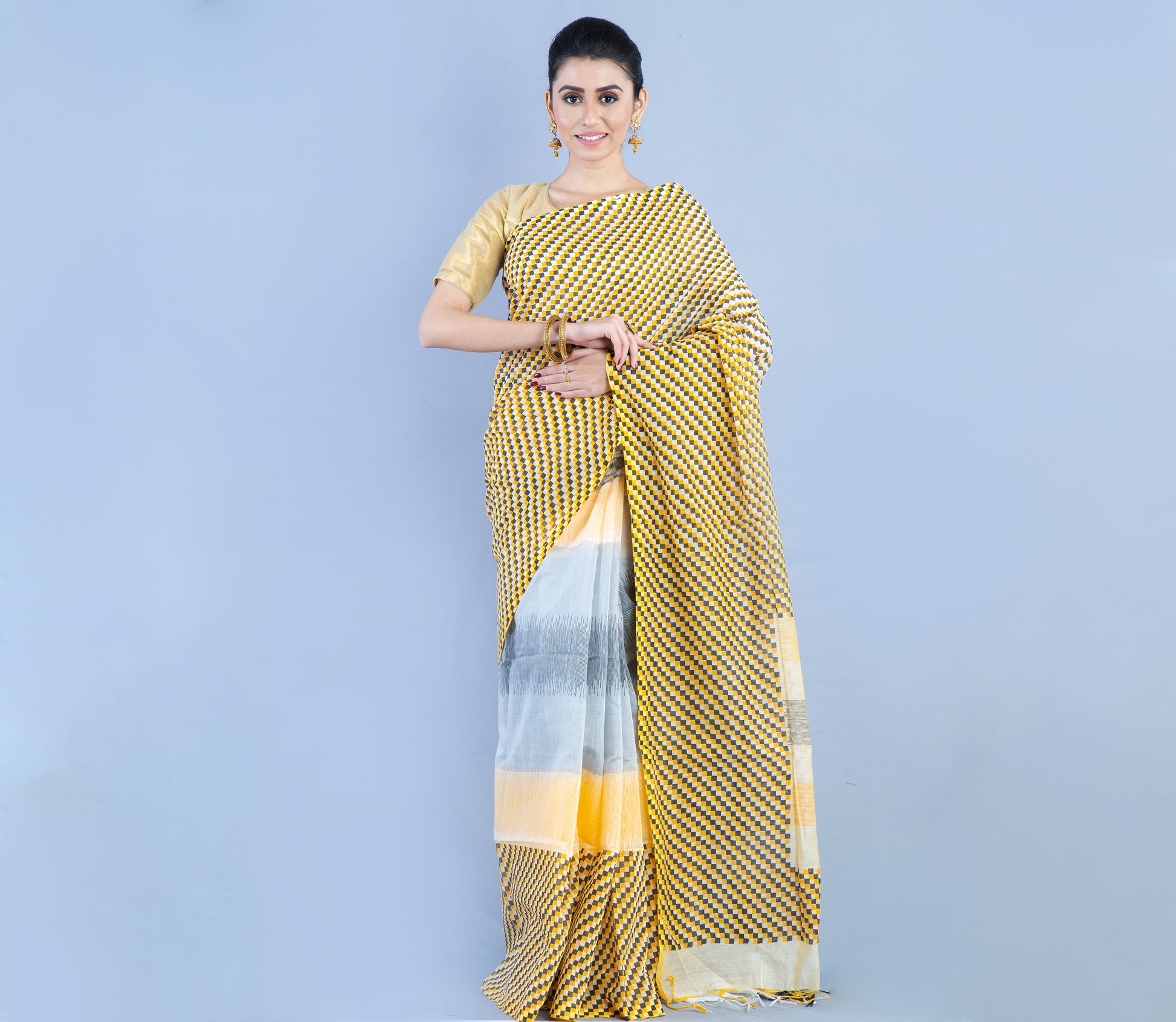Handloom Cotton Printed Saree - Yellow & Gray - ArtisanSoul