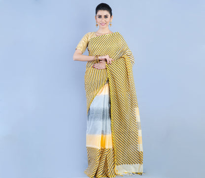 Handloom Cotton Printed Saree - Yellow & Gray - ArtisanSoul