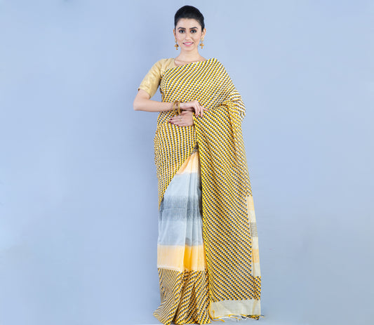 Handloom Cotton Printed Saree - Yellow & Gray - ArtisanSoul