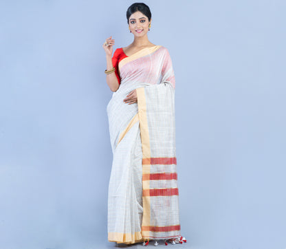 Handloom Cotton Silk Saree - White & Red - ArtisanSoul