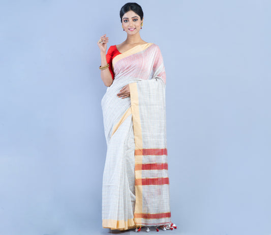 Handloom Cotton Silk Saree - White & Red - ArtisanSoul