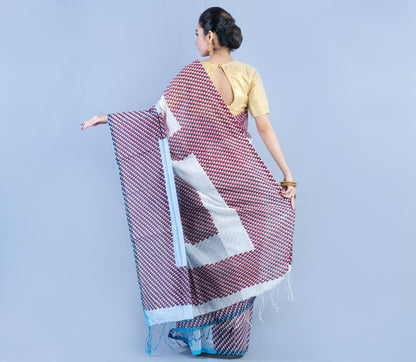 Handloom Saree - Red & Black Checkered Design on Gray - ArtisanSoul