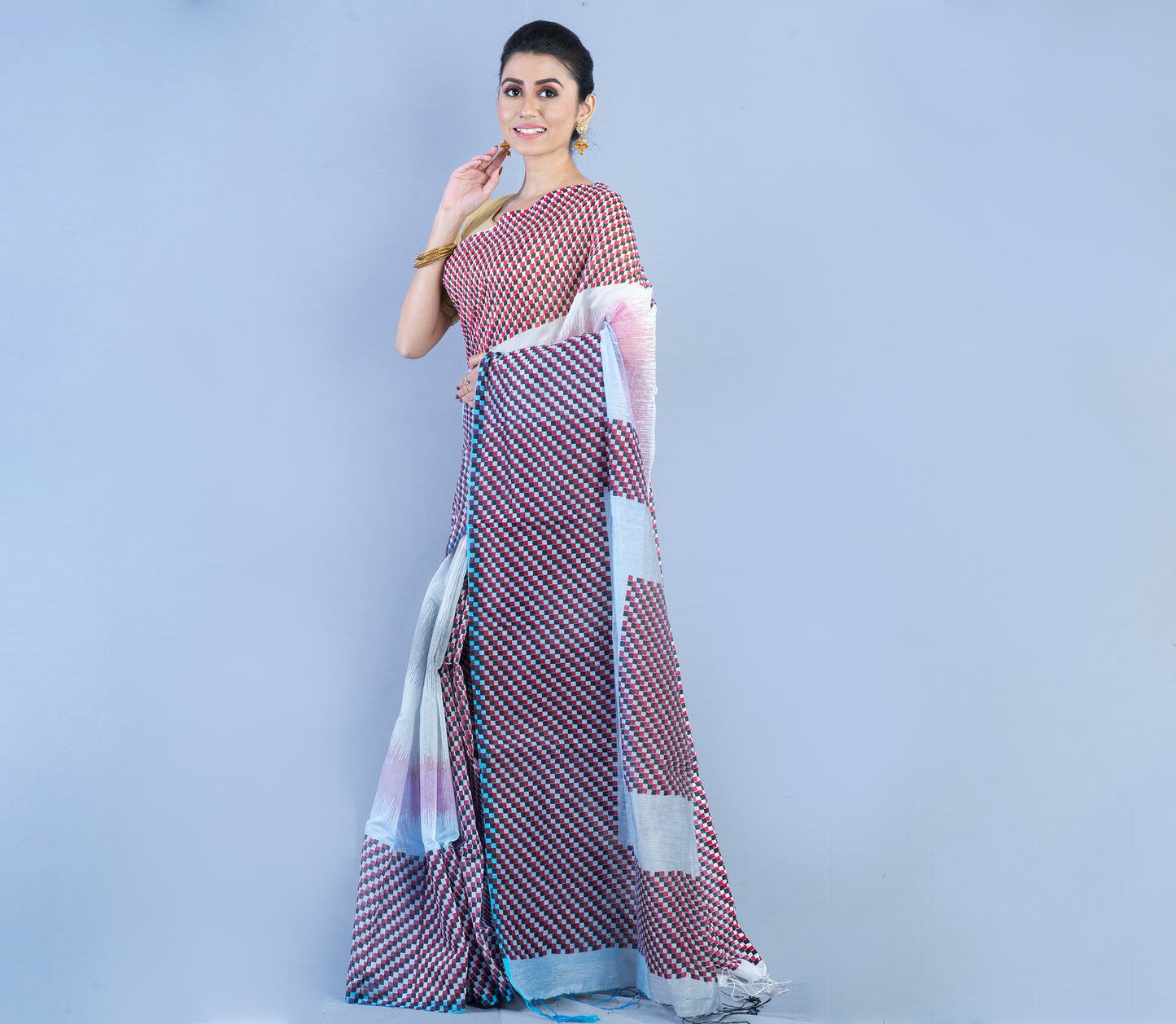 Handloom Saree - Red & Black Checkered Design on Gray - ArtisanSoul