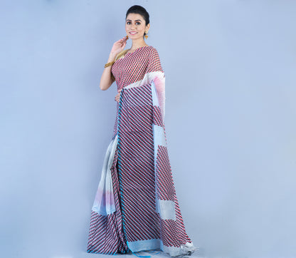 Handloom Saree - Red & Black Checkered Design on Gray - ArtisanSoul