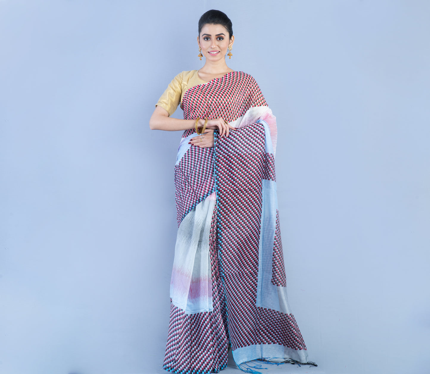 Handloom Saree - Red & Black Checkered Design on Gray - ArtisanSoul