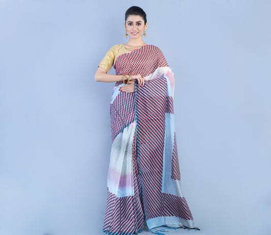 Handloom Saree - Red & Black Checkered Design on Gray - ArtisanSoul