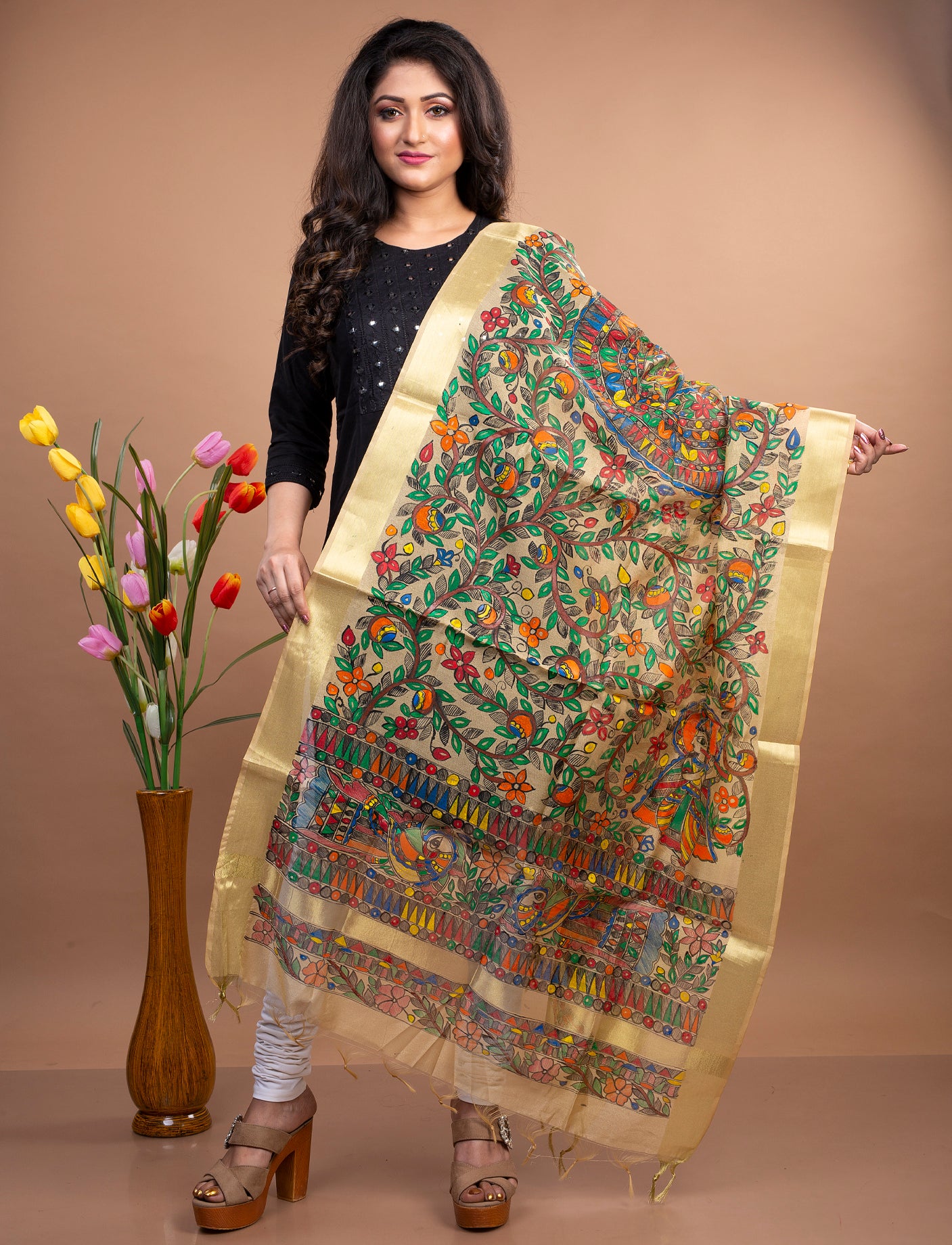 Madhubani Painting Dupatta From Bihar - Beige With Golden Border